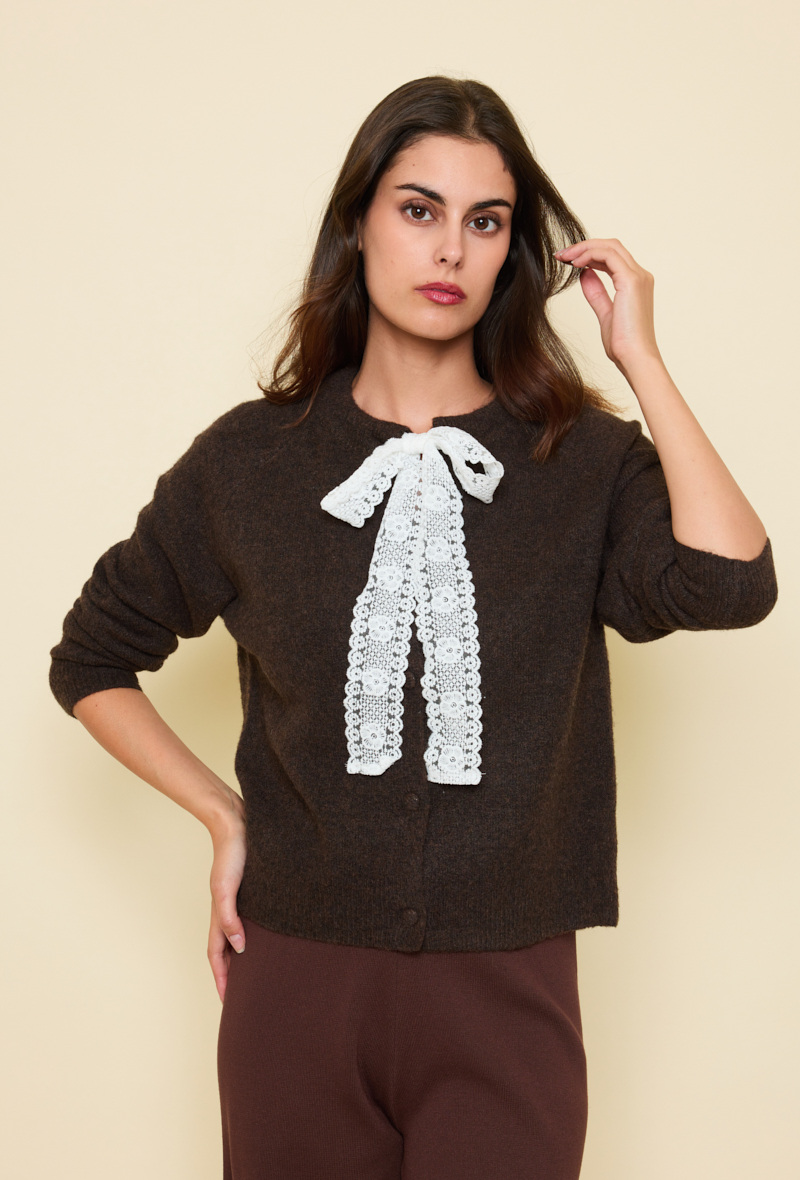 Grossista By Clara - Cardigan marrone a maglia con fiocco in pizzo