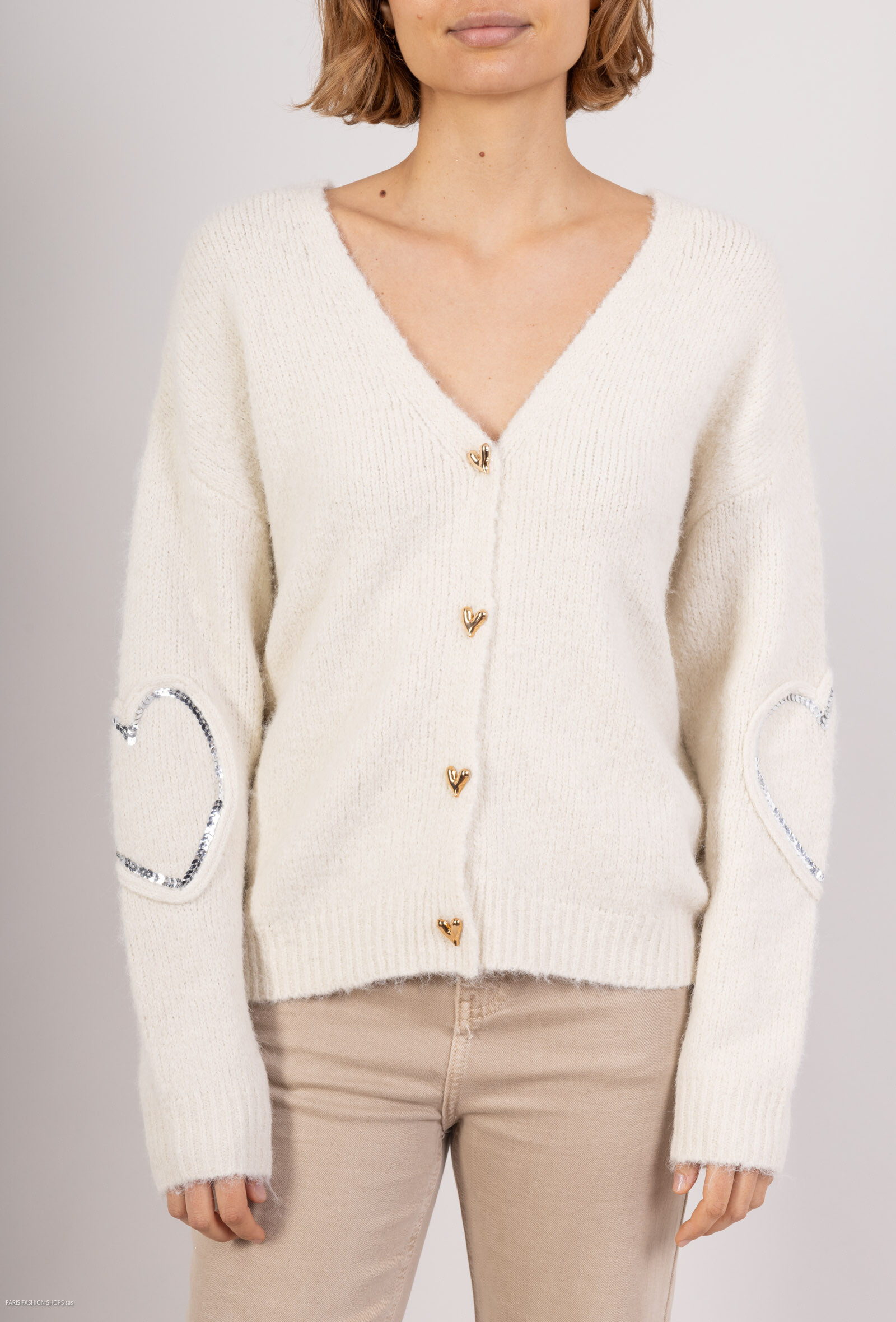 Wholesaler By Clara - Heart Button Knit Cardigan with Sequin Details
