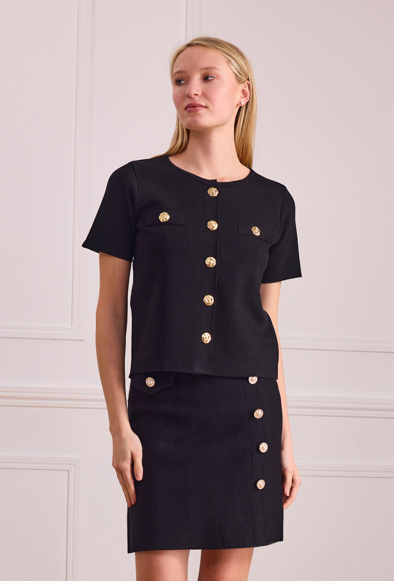 Wholesaler By Clara - Elegant Short-Sleeve Knit Cardigan with Gold Buttons