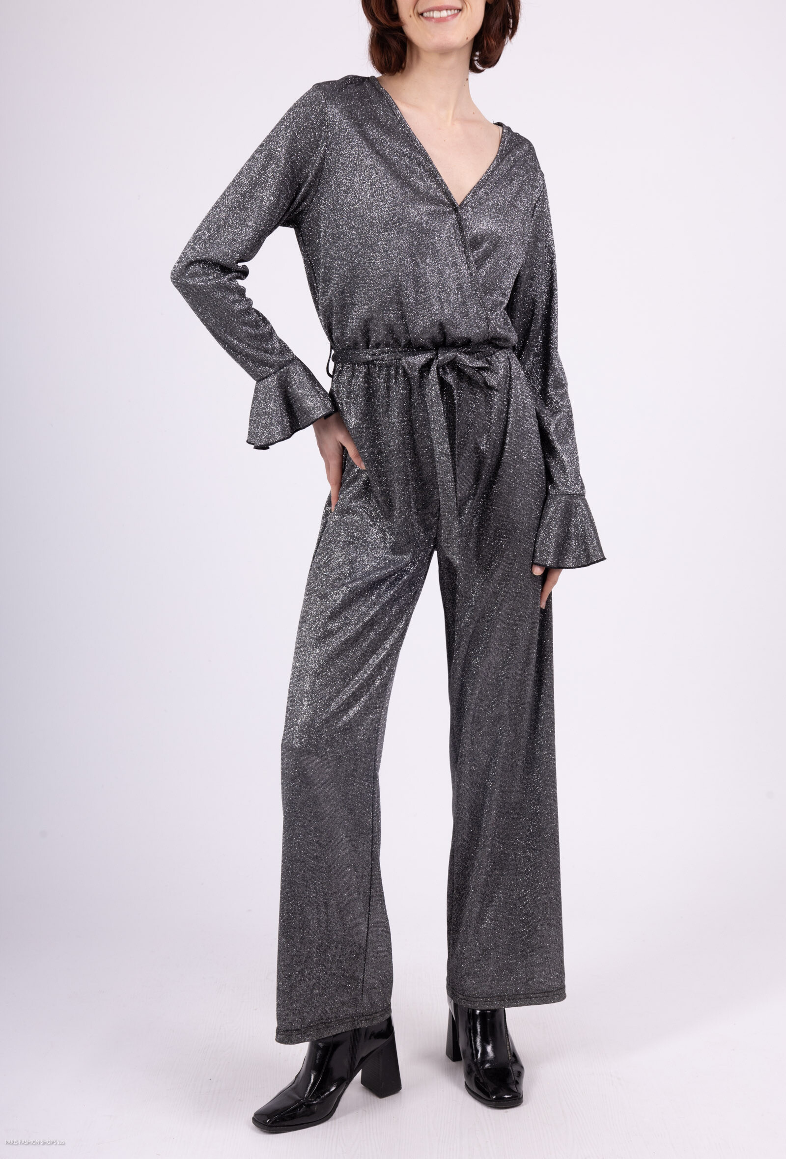 Wholesaler By Clara - Metallic V-neck Jumpsuit
