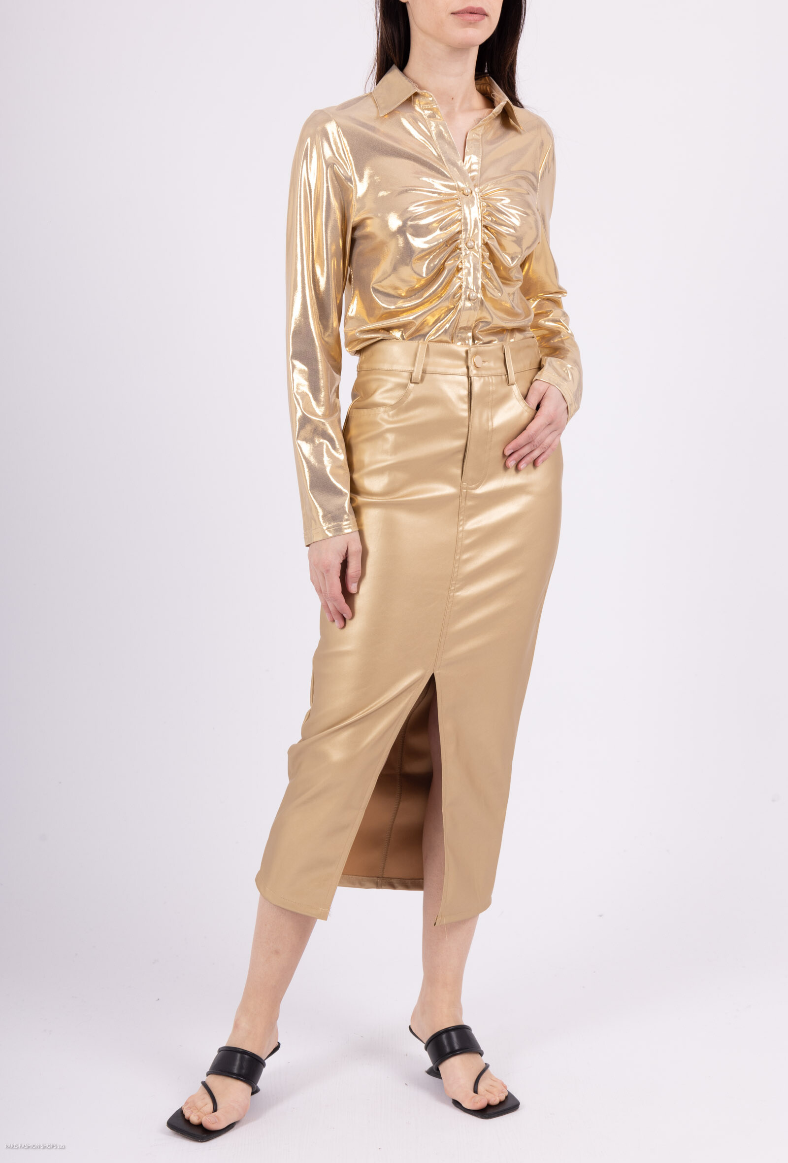 Wholesaler By Clara - Metallic Slit Midi Skirt