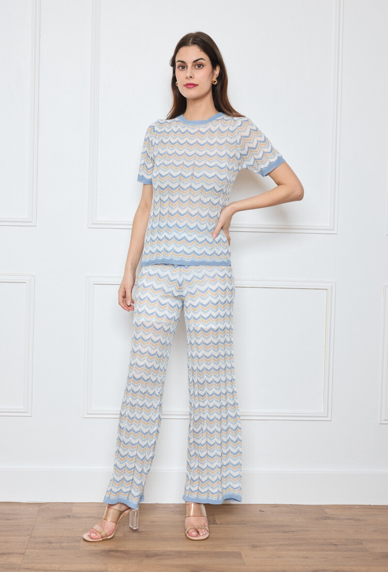 Wholesaler By Clara - Retro Chevron Knit Wide-Leg Pants - Stylish & Slimming
