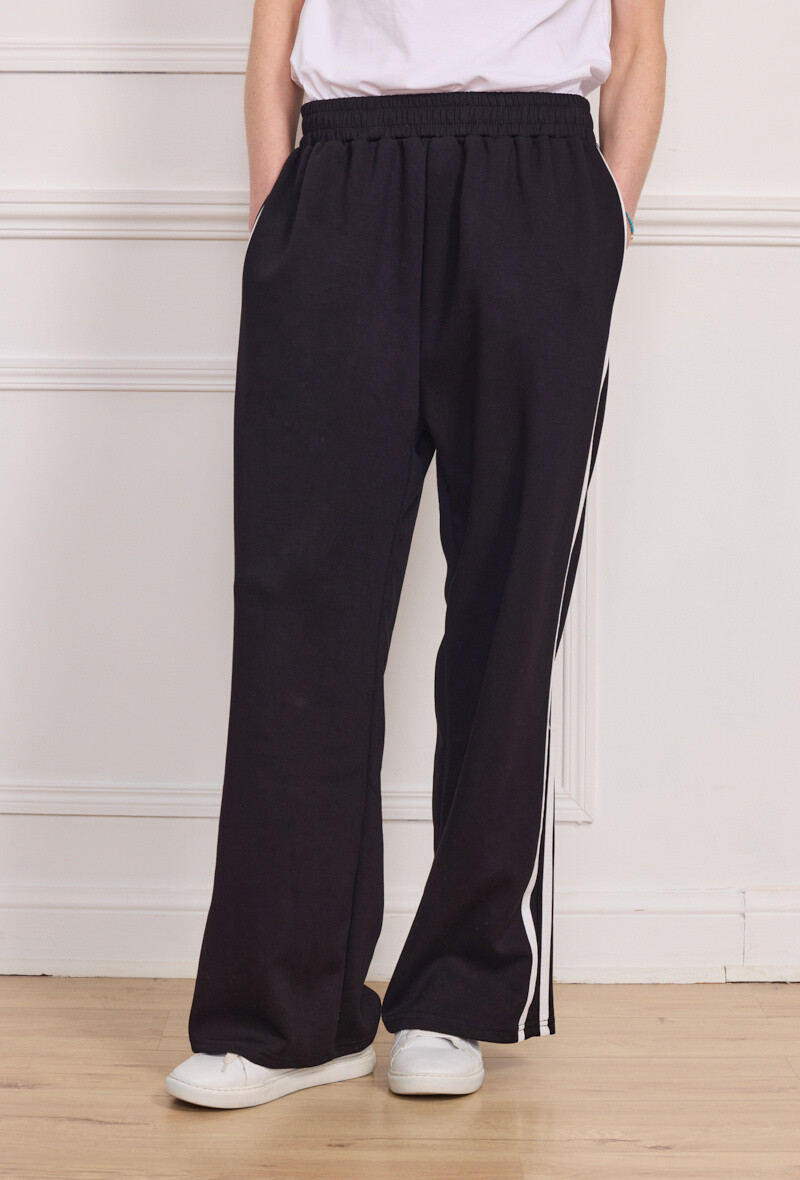 Wholesaler By Clara - Black Wide-Leg Track Pants with White Stripes – Sporty Chic