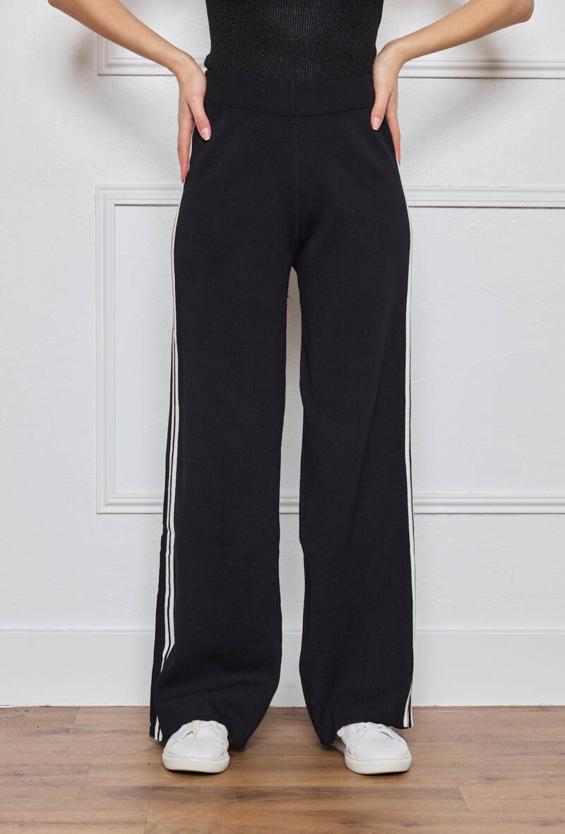 Wholesaler By Clara - Black Knit Wide-Leg Pants – Sporty & Slimming Striped Design