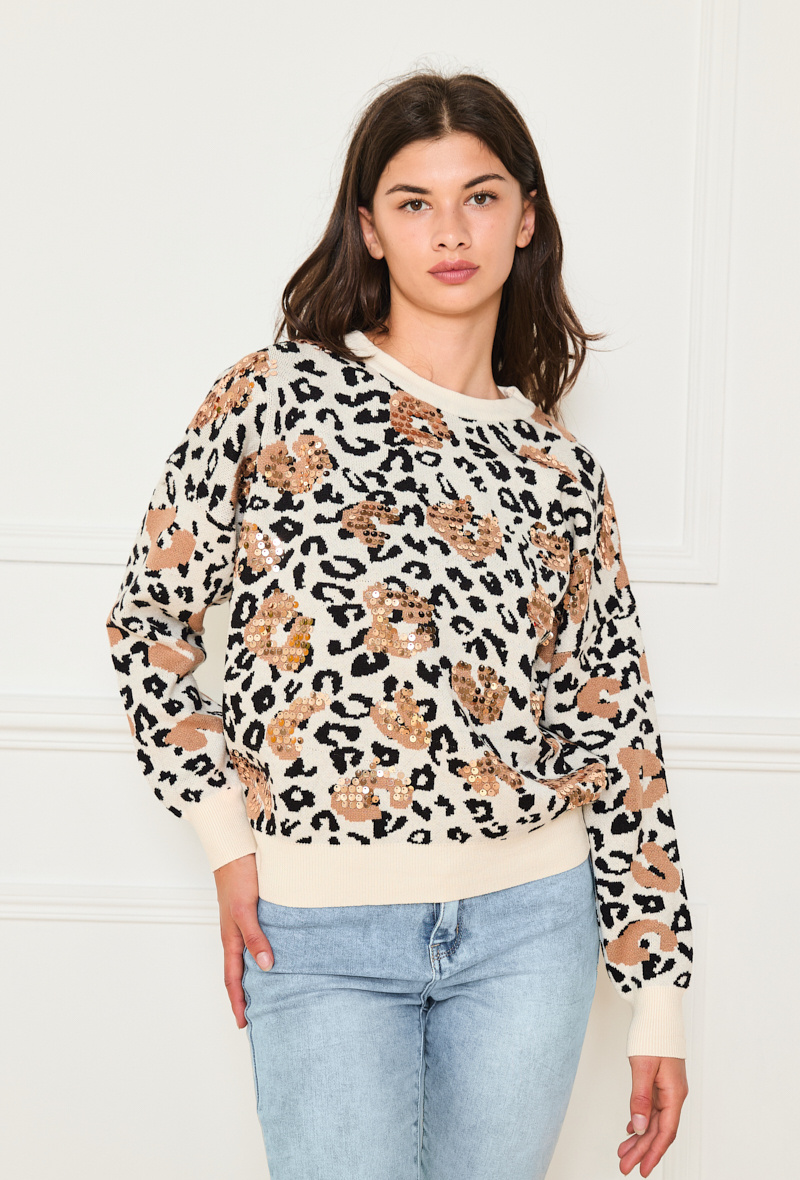 Wholesaler By Clara - Sequin Leopard Print Knit Sweater – Trendy & Chic