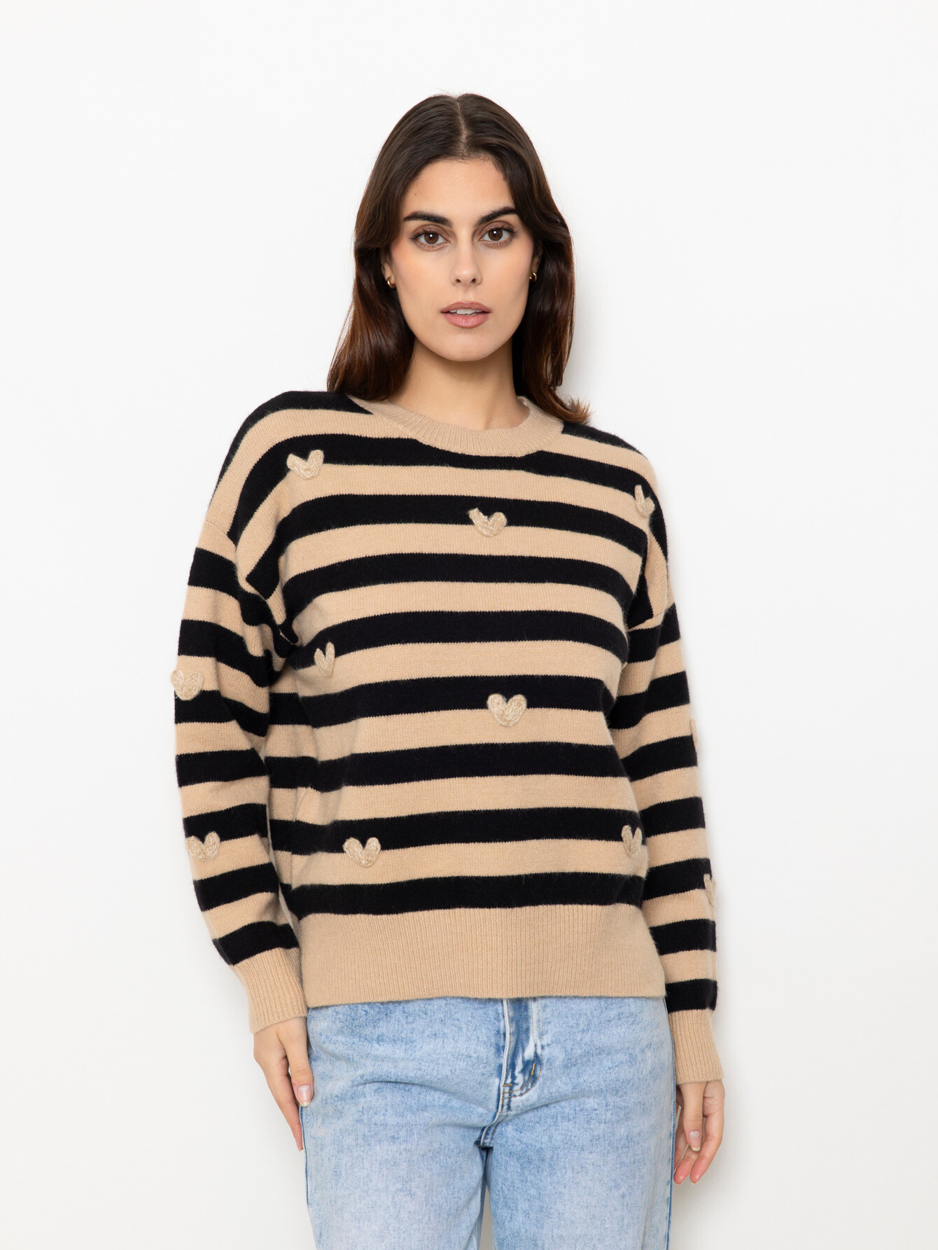 Wholesaler By Clara - Striped Knit Sweater with Heart Embellishments