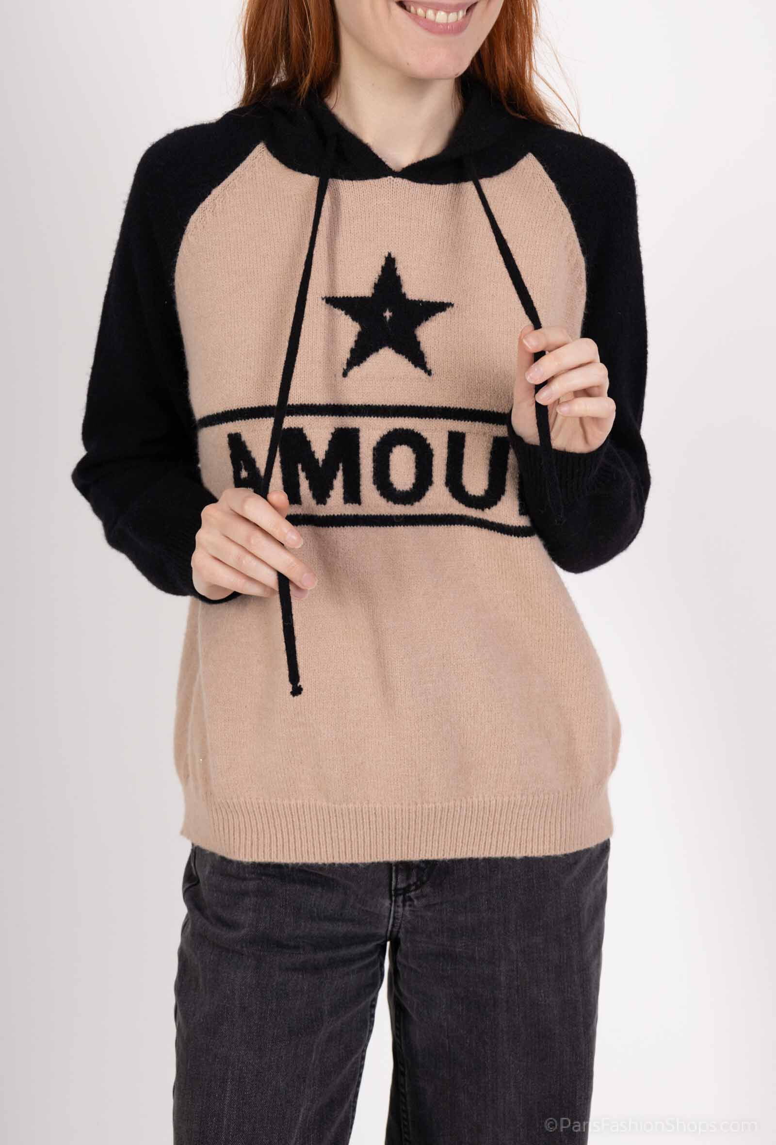 Wholesaler By Clara - Two-Tone Knit Hoodie with Star Design