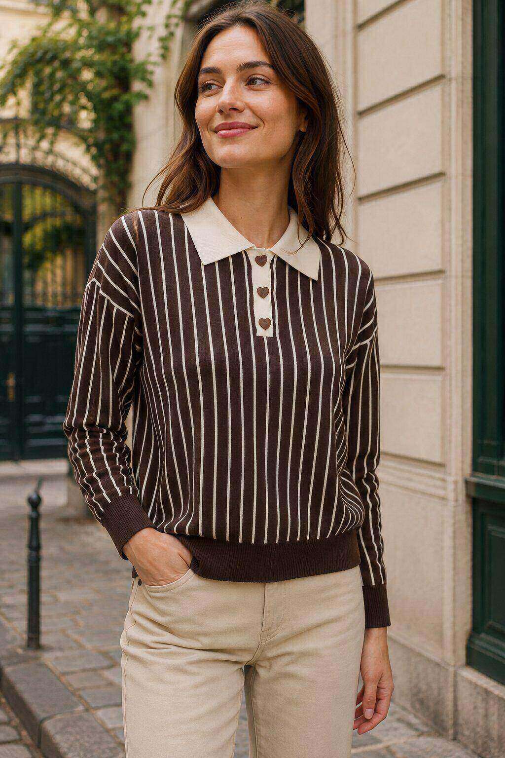 Mayorista By Clara - Suéter de punto a rayas con cuello polo