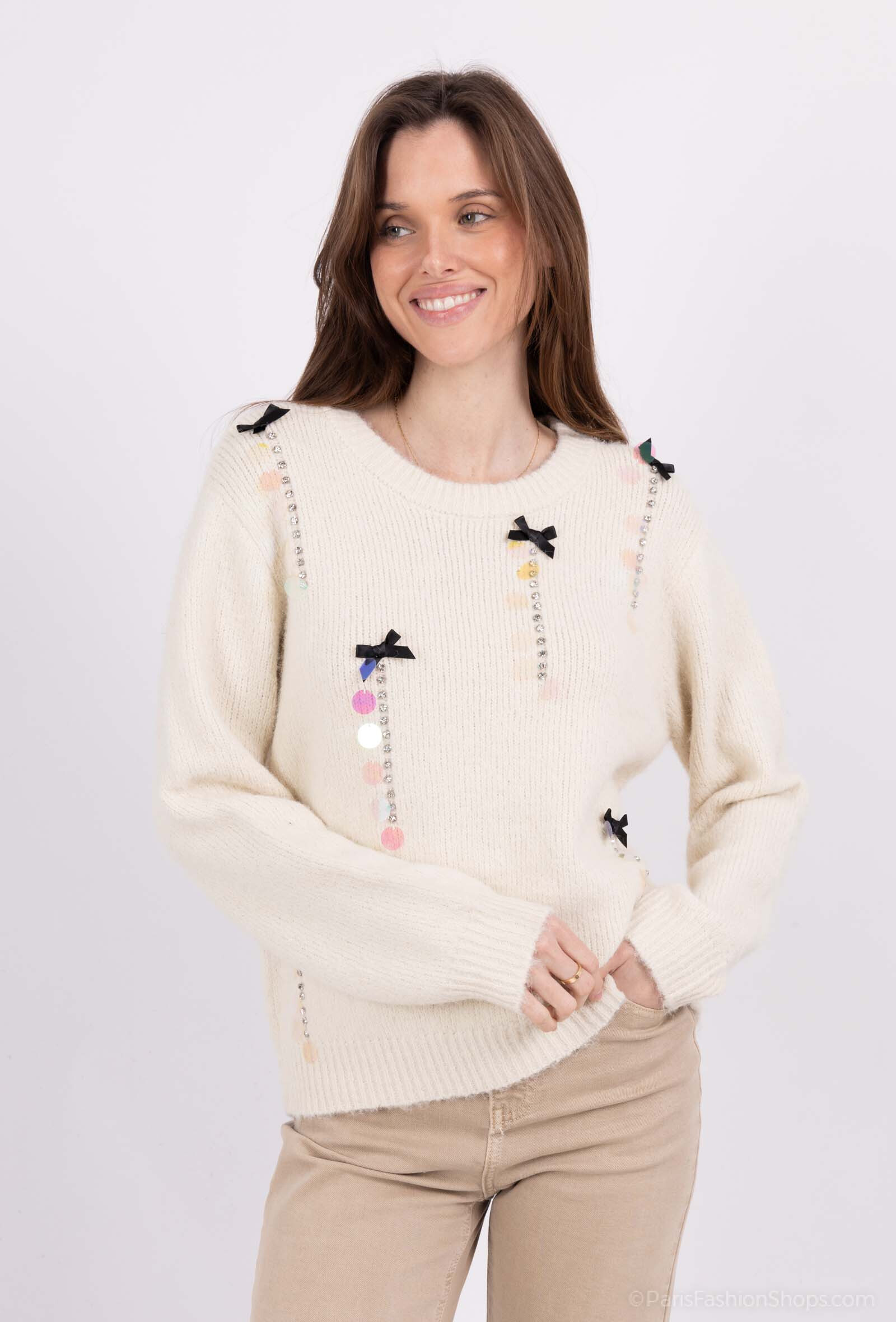Wholesaler By Clara - Knitted Sweater with Ribbon and Sequins Details