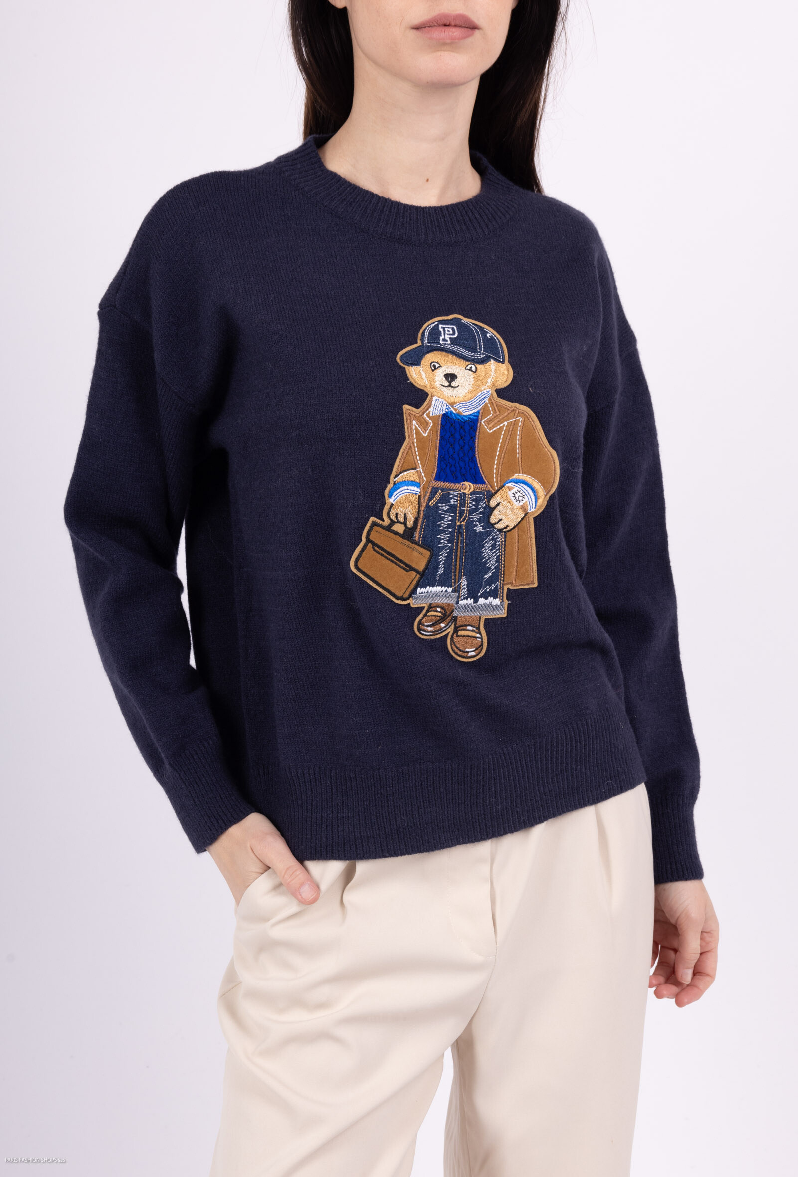 Wholesaler By Clara - Preppy Teddy Embroidery Sweater