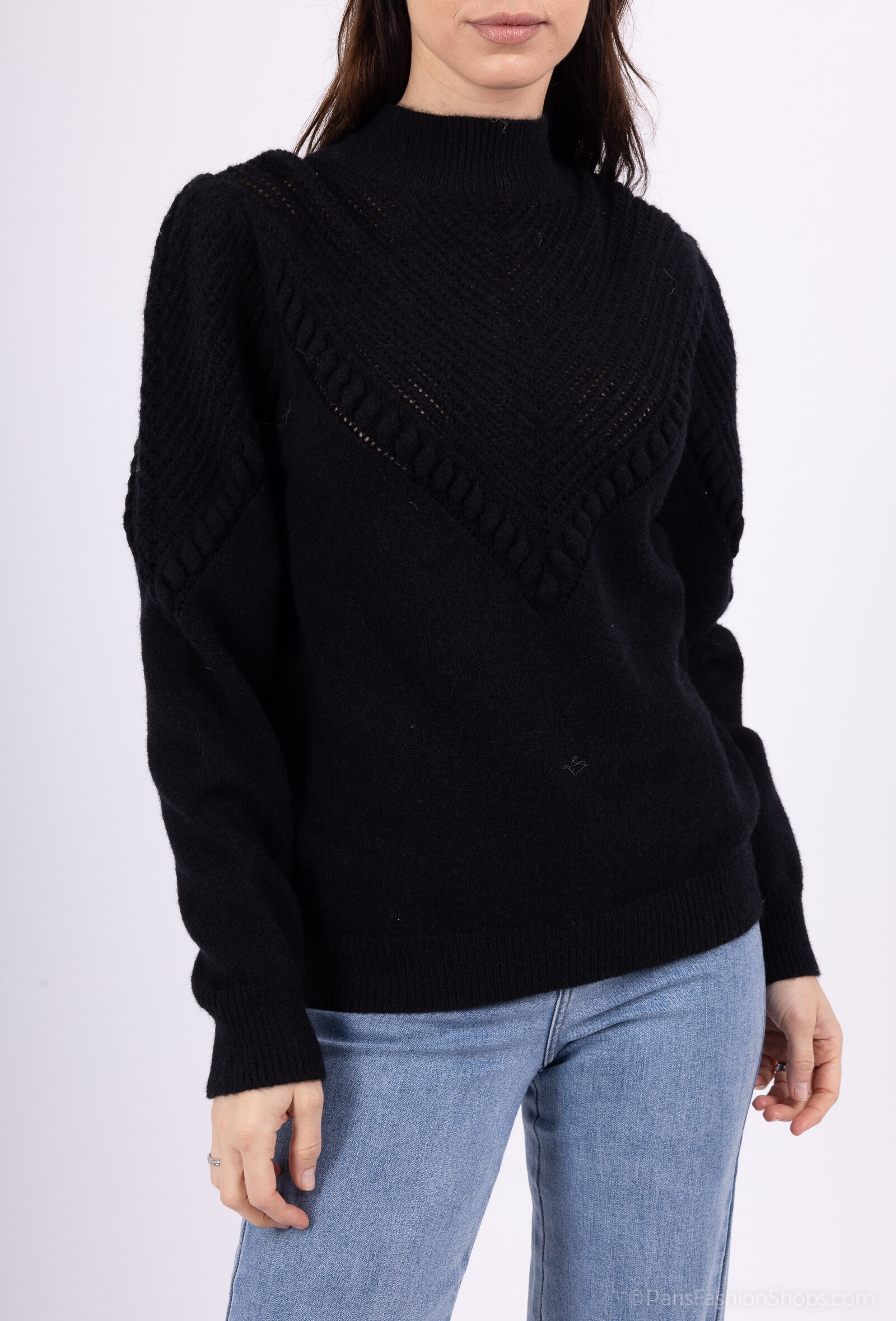 Wholesaler By Clara - Vintage Textured Knit Sweater Women Elegant High-Neck Pullover for Autumn/Winter