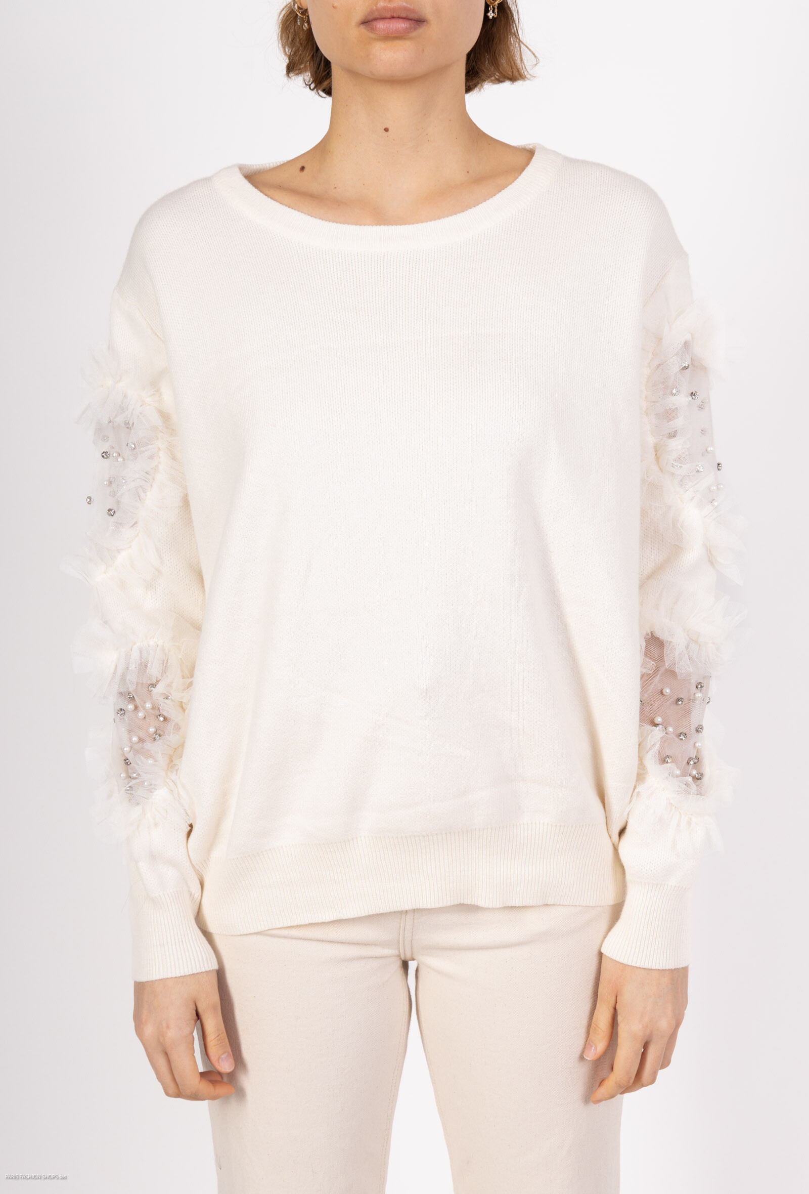 Wholesaler By Clara - Pearl Tulle Sleeve Knit Sweater – Elegant Chic Statement Piece