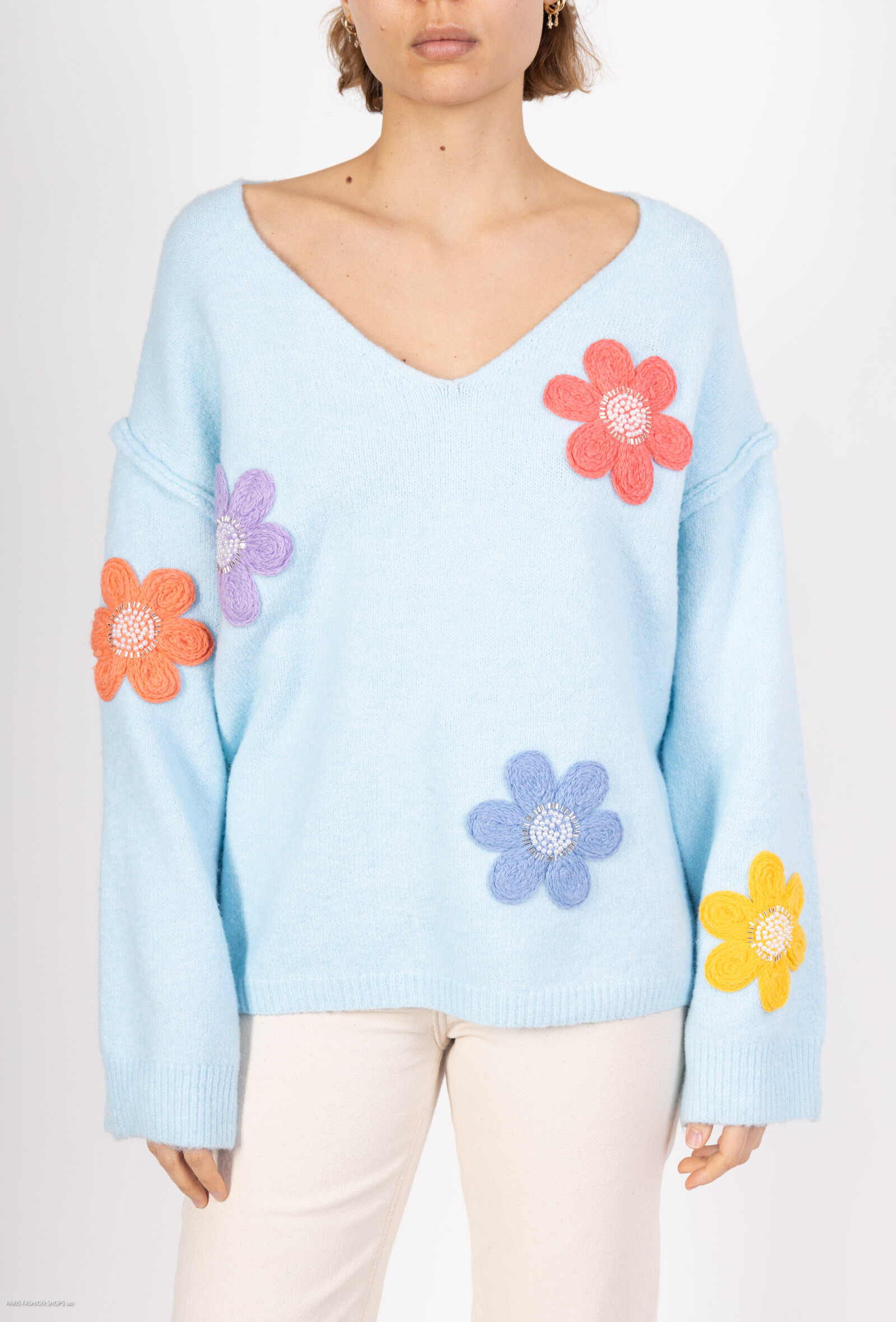 Wholesaler By Clara - Colorful Flower Embroidered Knit – V-Neck Cute Loose Sweater