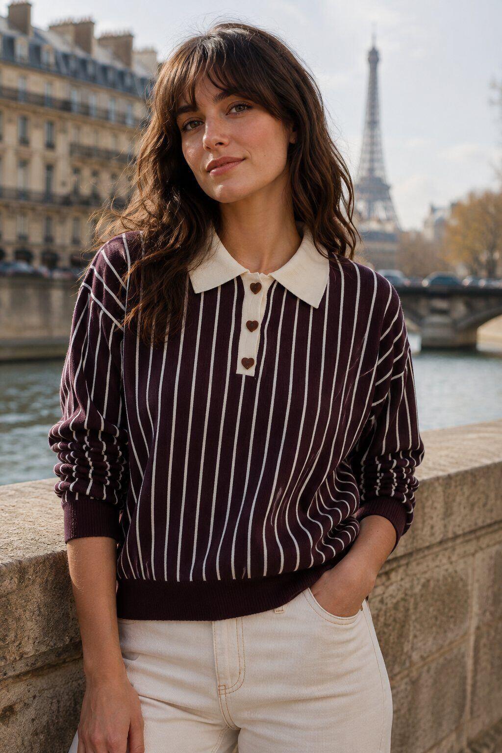 Grossiste By Clara - Pull col polo maille rayée