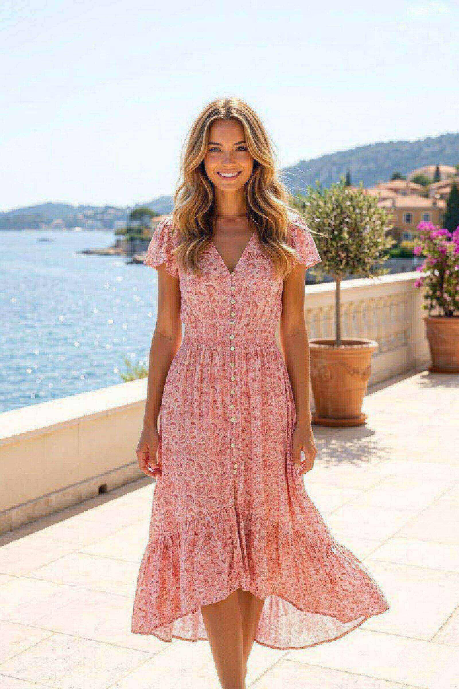 Grossiste By Clara - Robe mi-longue boutonnée imprimée