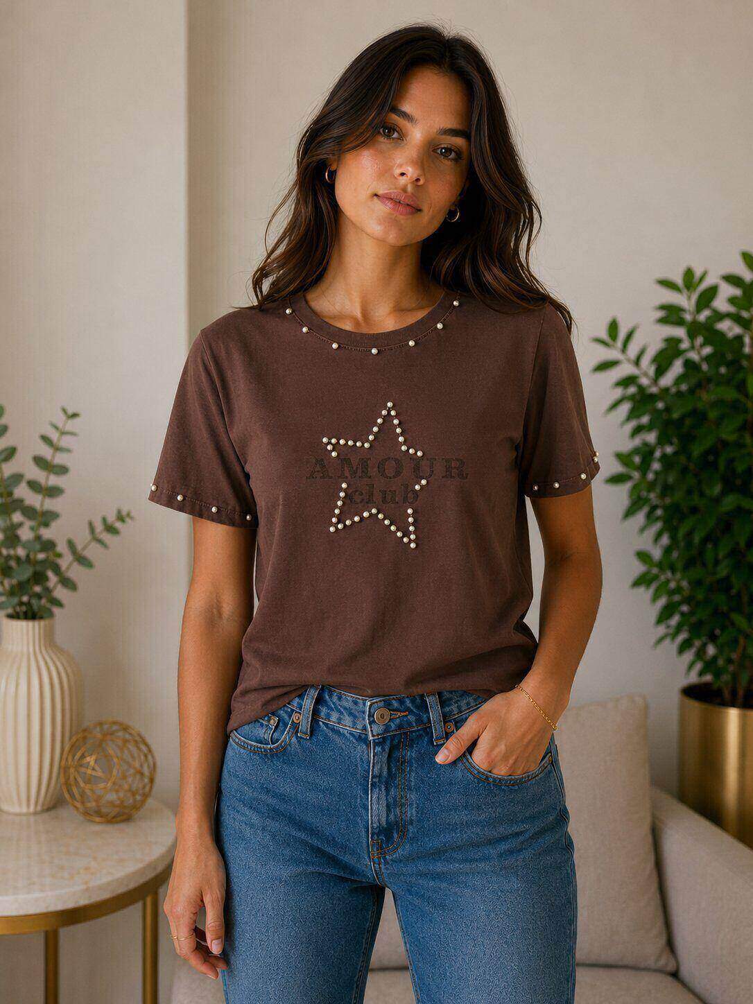 Mayorista By Clara - Camiseta de manga corta con estrellas y perlas