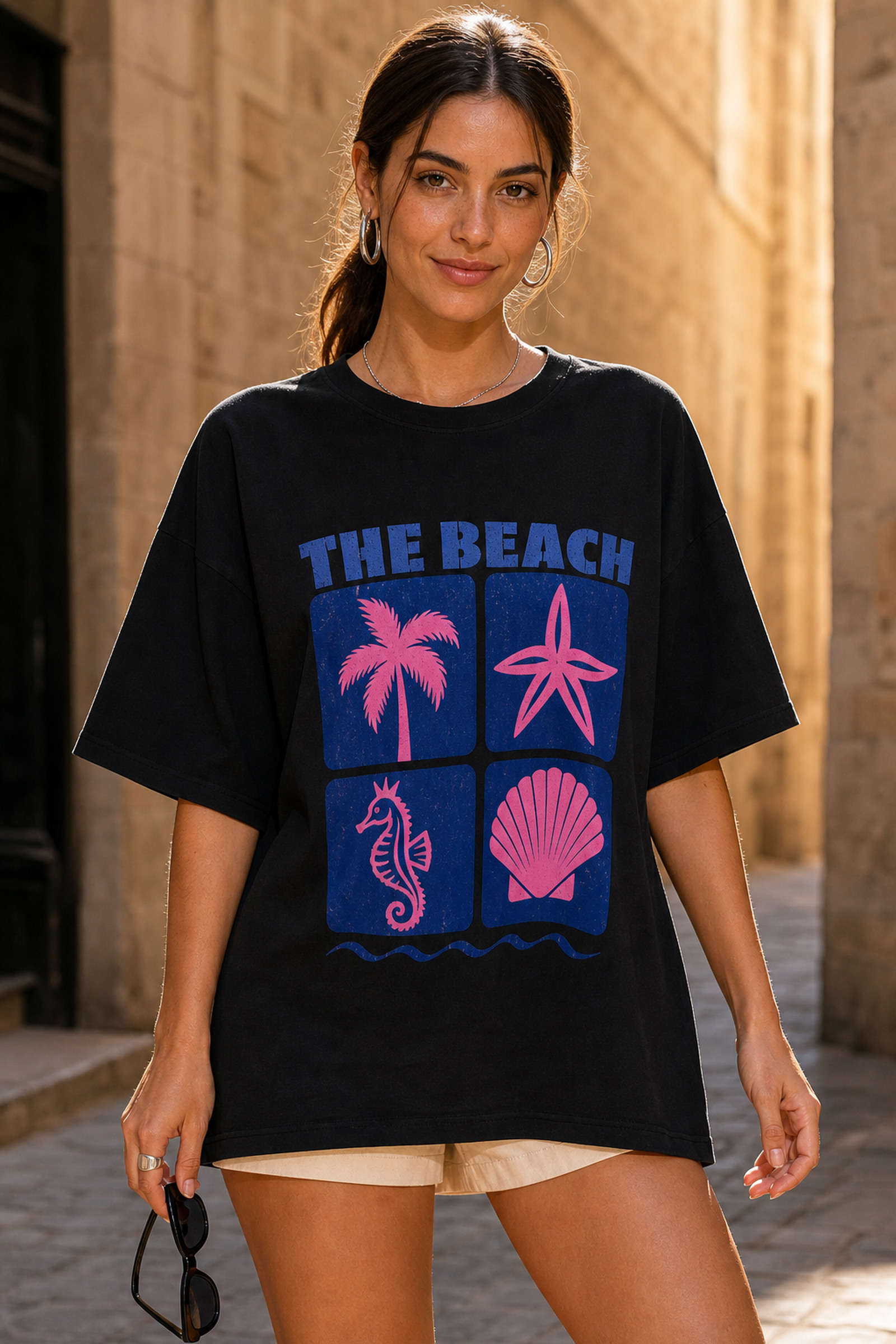 Grossista By Clara - T-shirt da donna con stampa spiaggia