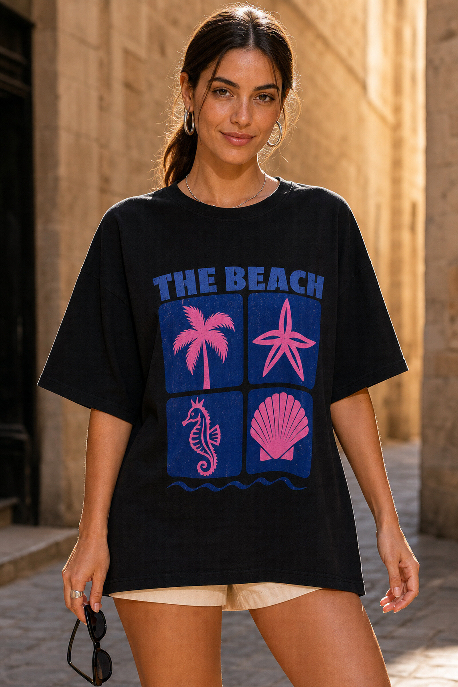 Grossista By Clara - T-shirt da donna con stampa spiaggia