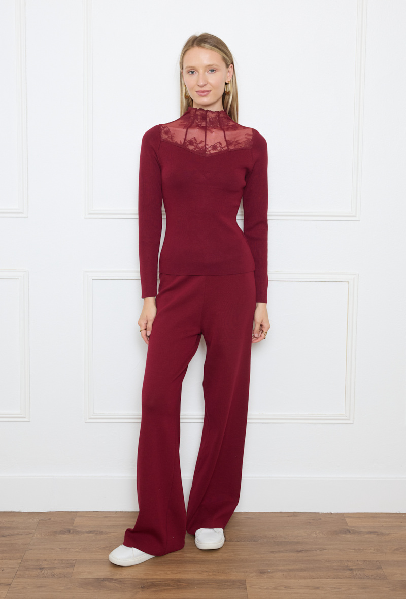 Grossista By Clara - Top maglia bordeaux con collo alto in pizzo