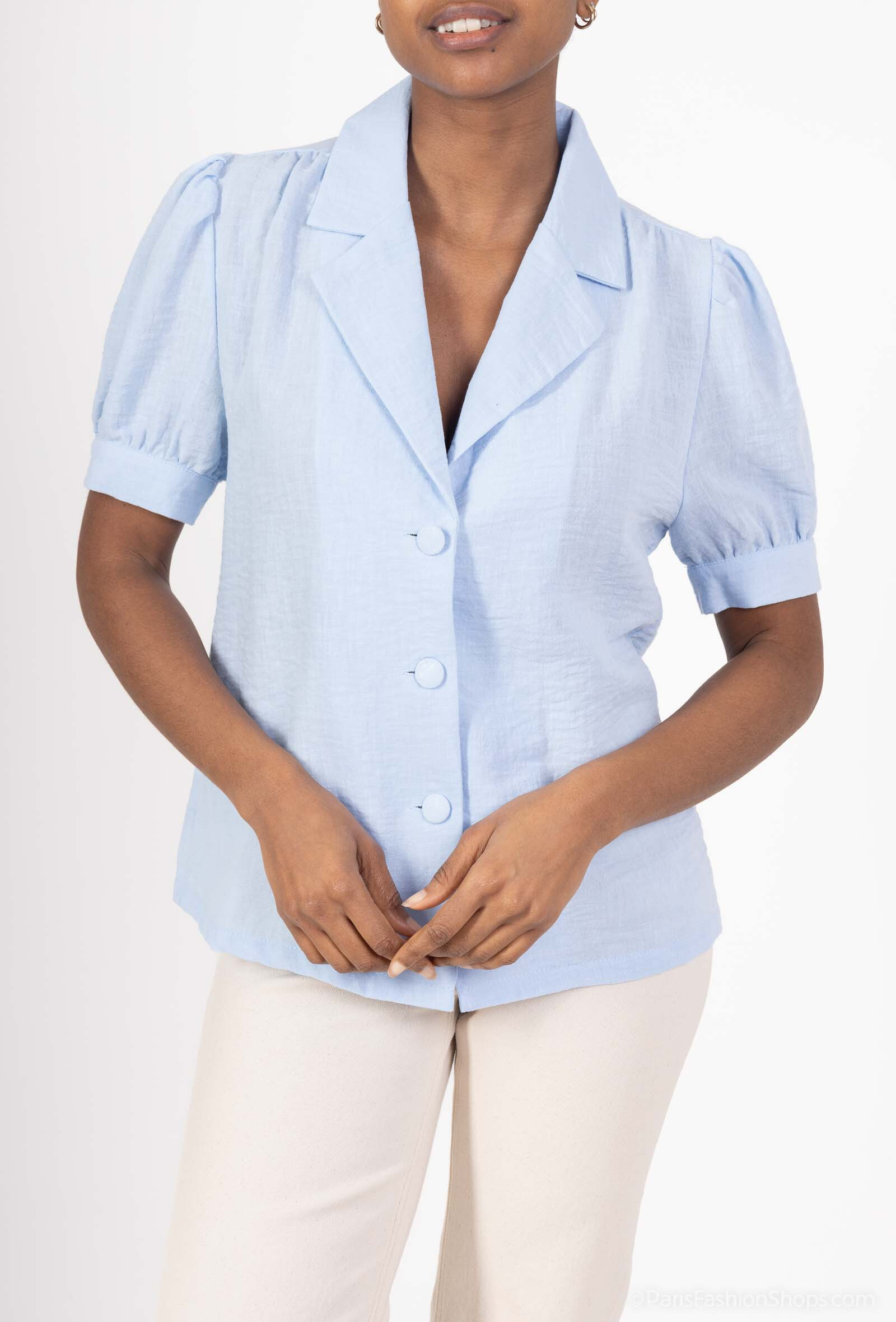 Wholesaler By Clara - Elegant Puff-Sleeve Linen Blouse – Button-Up Design for a Chic Look