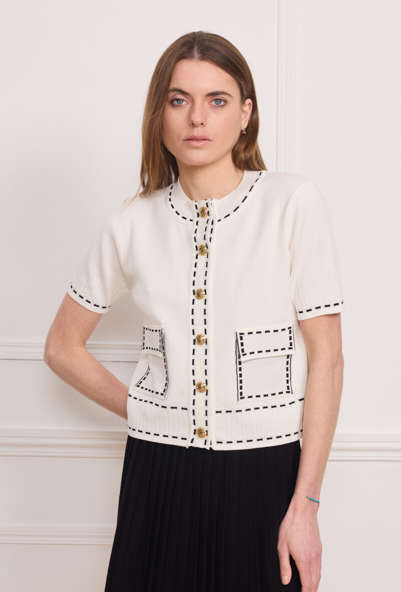 Grossiste By Clara - Cardigan Élégant à Couture Contrastée – Chic Intemporel
