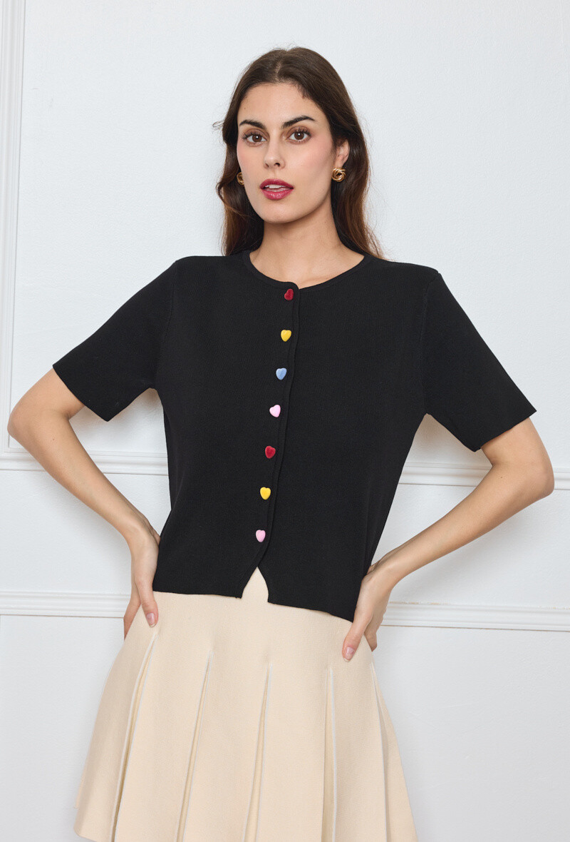 Wholesaler By Clara - Colorful Heart Button Knit Cardigan - Sweet & Playful