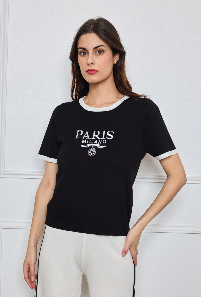Wholesaler By Clara - Black & White Knit T-Shirt – "PARIS MILANO" Letter Print