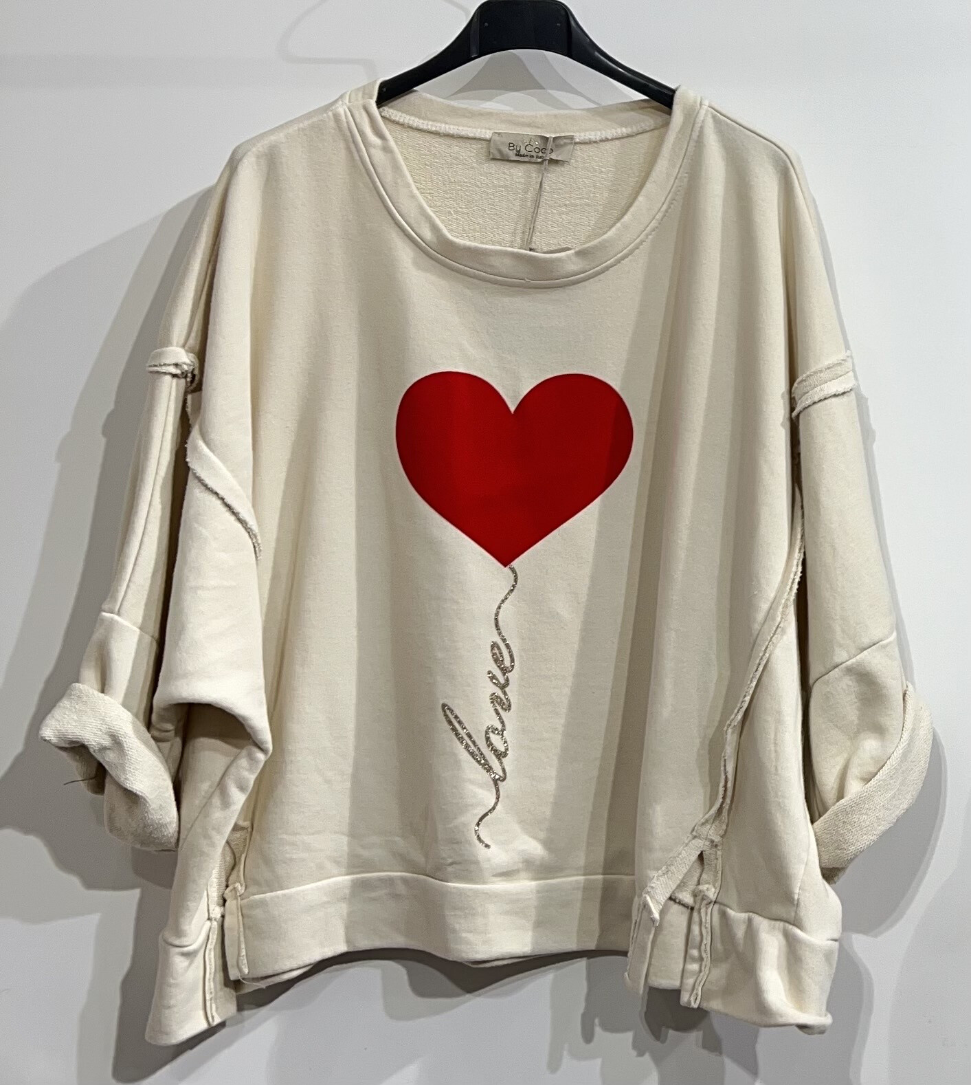 Grossiste BY COCO - Sweat imprimé cœur love doré ouvert en bas