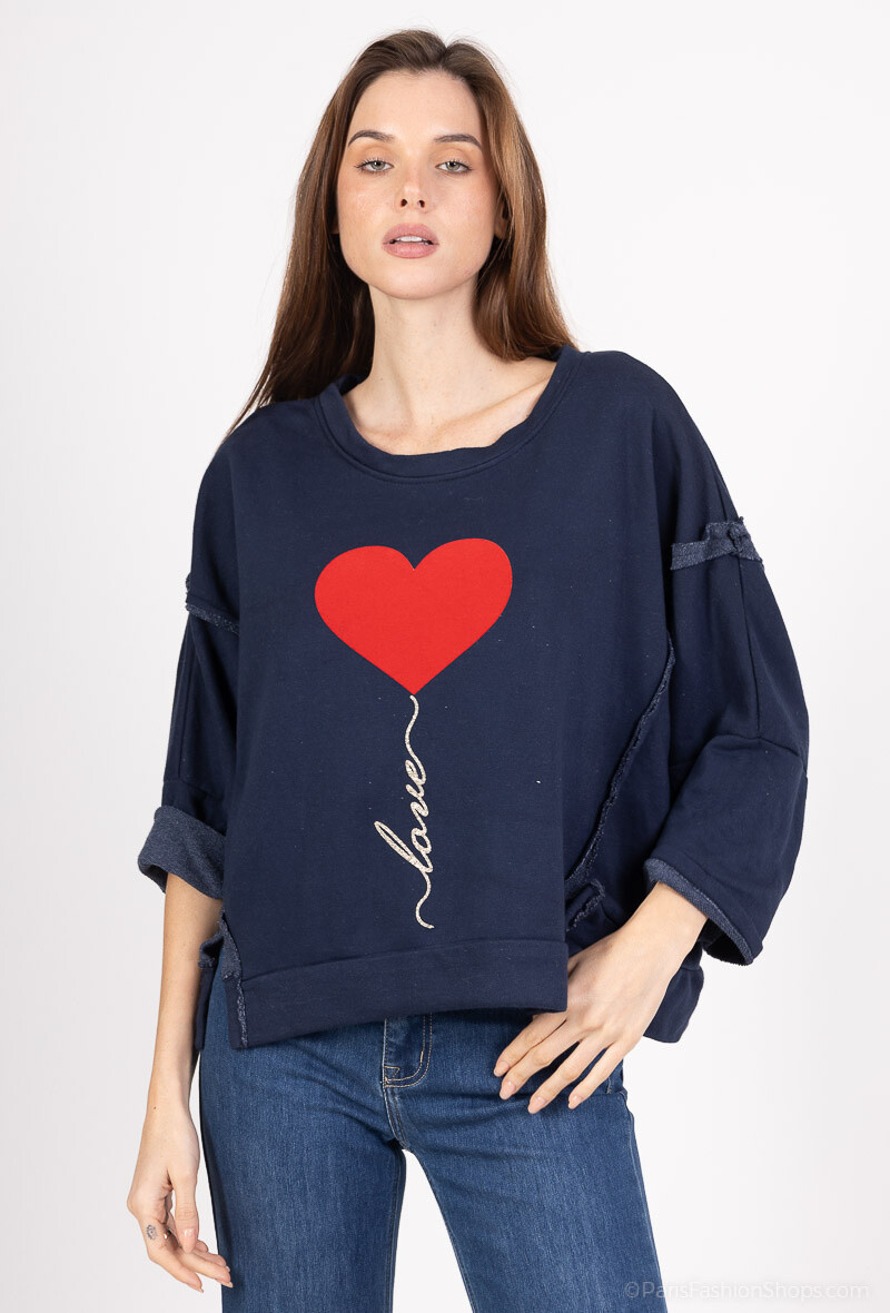 Grossiste BY COCO - Sweat imprimé cœur love doré ouvert en bas