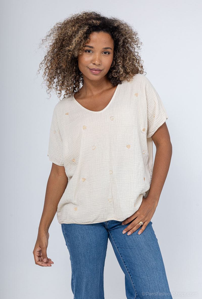 Großhändler HÉRA - Weites T-Shirt aus Baumwollgaze mit goldenen Herzen