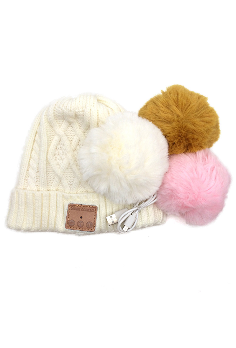 Grossiste By Oceane - ENSEMBLE BONNET BLUETOOTH AVEC 3 POMPONS EN FAUSSE FOURRURE-DOUBLURE POLAIRE