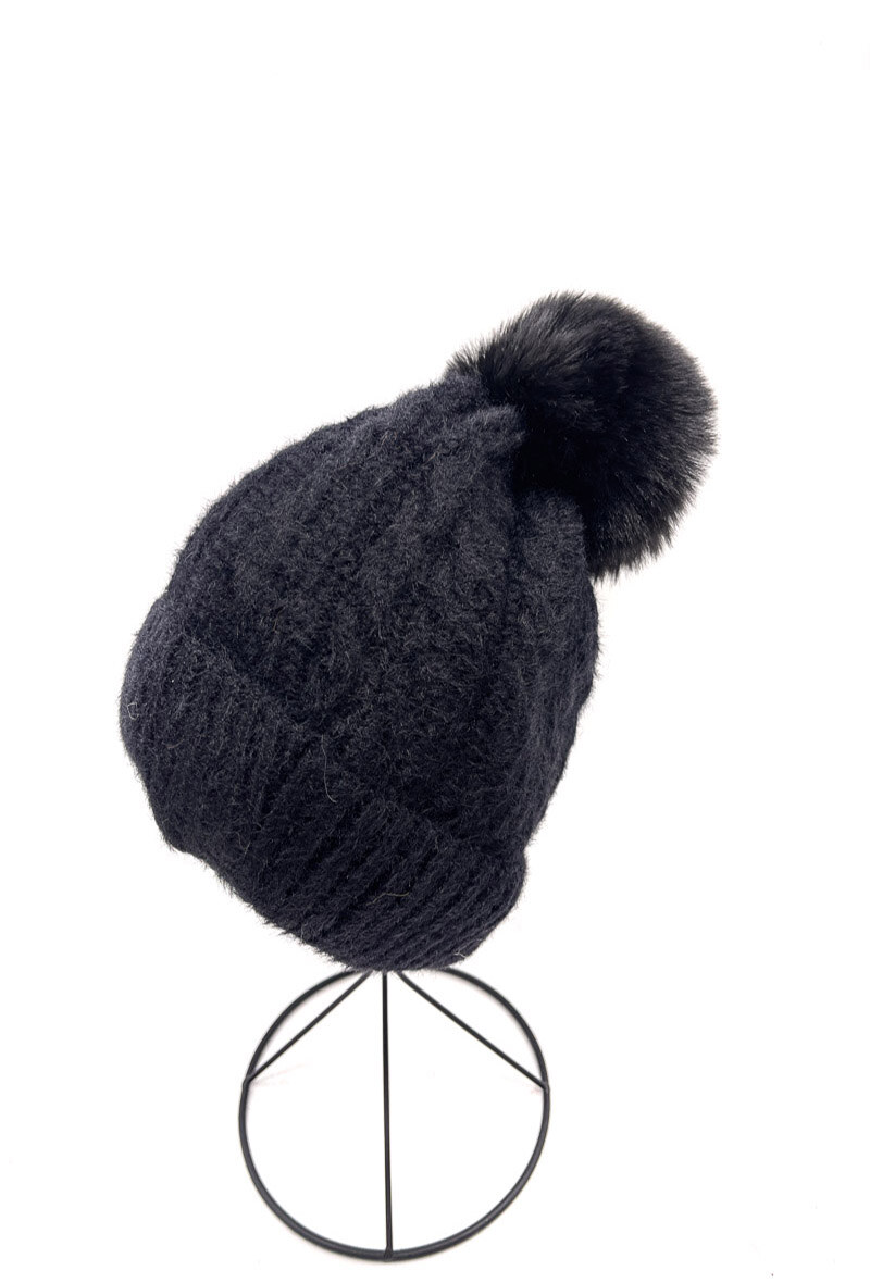 Wholesaler By Oceane - KNIT BEANIE WITH REVERSED BEAM -FLEECE LINING, REMOVABLE POM-POM