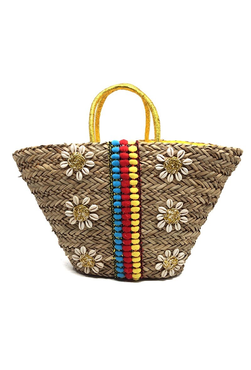 Grossiste By Oceane - SAC DE PLAGE TISSÉ À LA MAIN DÉCORÉ D'UN RUBAN AU CENTRE