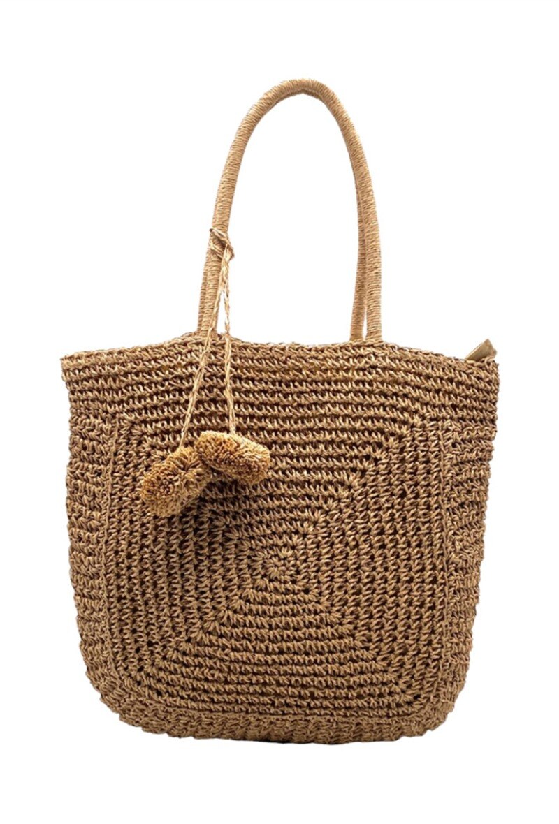 Grossiste By Oceane - Sac en paille fait à la main décoré de deux pompons en papier