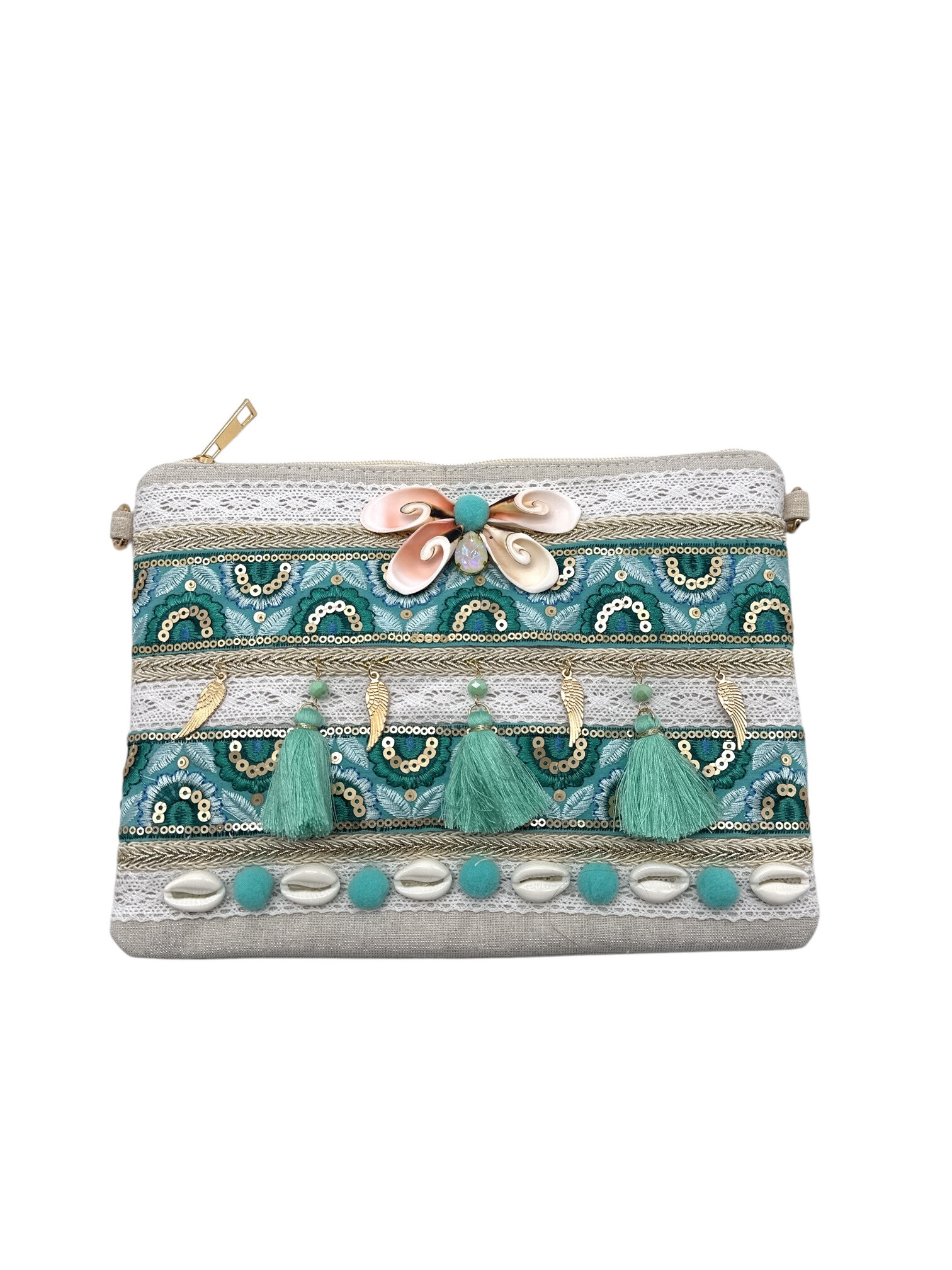 Mayorista By Oceane - Bolsa turquesa con concha y pompones