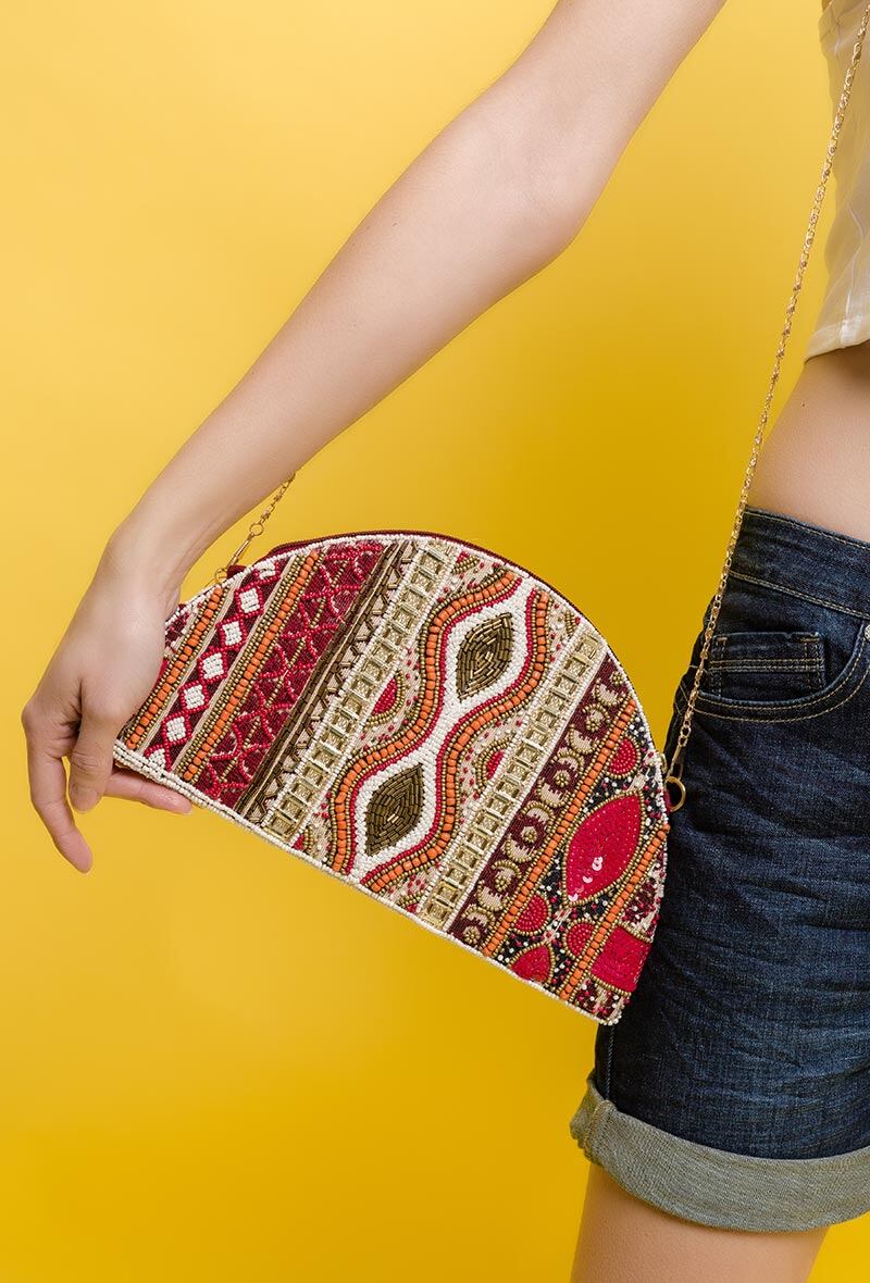Wholesaler By Oceane - HALF MOON HAND CLUTCH/ HANDBAG, HAND SEWN SEQUINS AND GLASS BEADS ETC