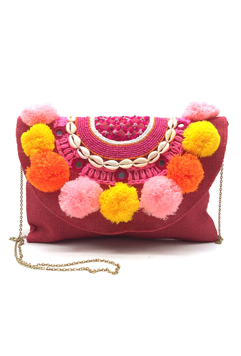 Wholesaler By Oceane - HANDBAG IN JUTE WITH HALF CIRCLE FLAP DECORATED WITH BIG POMPOMS