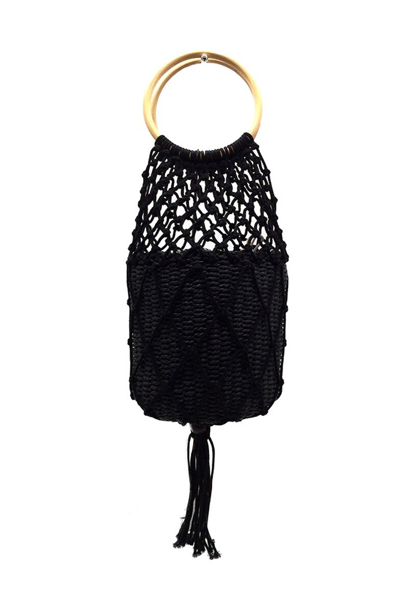 Wholesaler By Oceane - HAND KNITTED CYLINDER NET BASKET BAG WITH IMITATION BAMBOO HANDLE