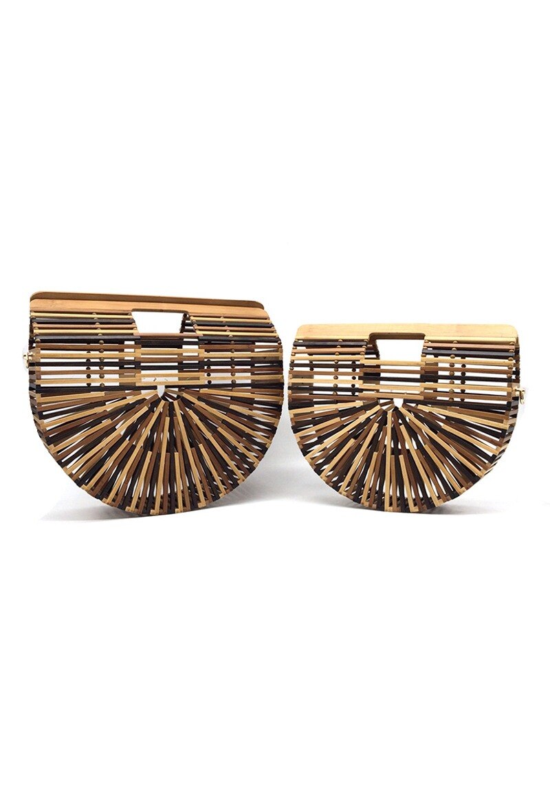 Wholesaler By Oceane - BEIGE & BLACK HALFMOON SHAPED HANDBAG SET HANDMADE WITH BAMBOO STICKS