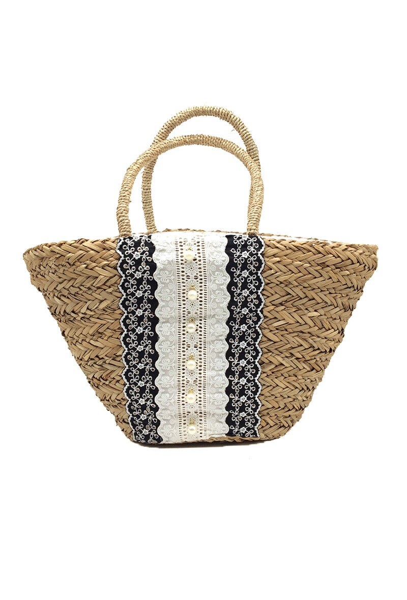 Grossiste By Oceane - SAC DE PLAGE FAIT À LA MAIN AVEC UN RUBAN NOIR AU CENTRE ET PERLES DÉCO