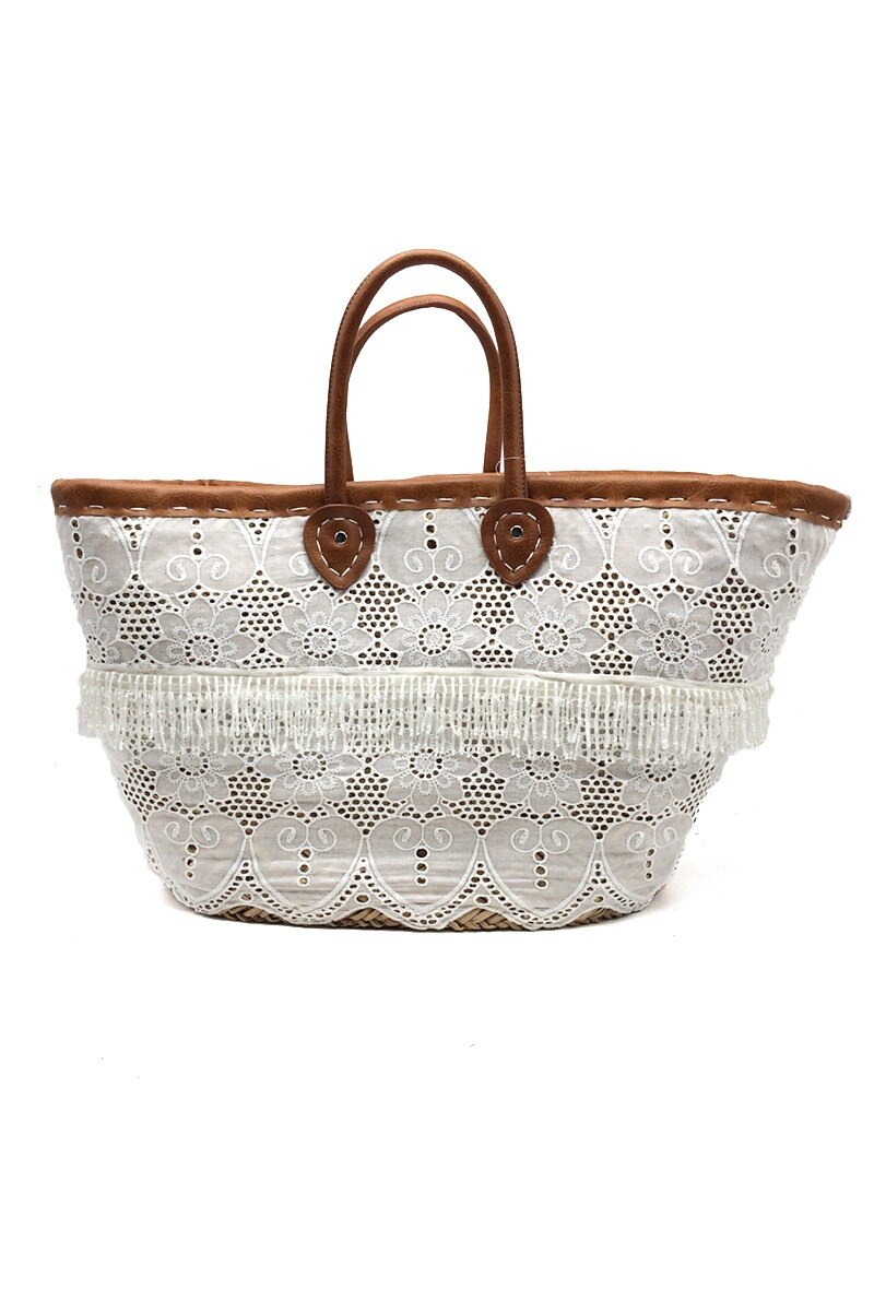 Grossiste By Oceane - SAC DE PLAGE TISSÉ À LA MAIN EN DENTELLE ET POIGNÉE EN CUIR PVC
