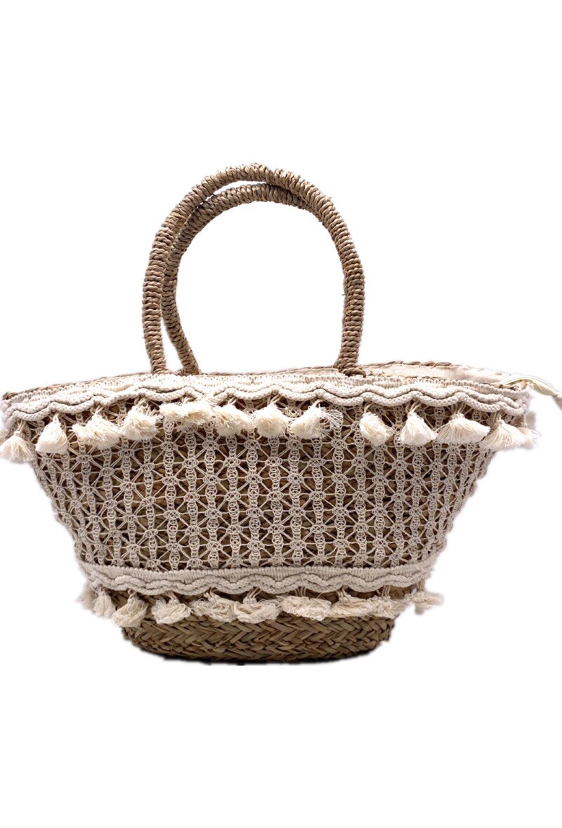 Grossiste By Oceane - SAC DE PLAGE FAIT MAIN RECOUVERT DE DENTELLE ET DE PETITS PONPOMS A FRANGE