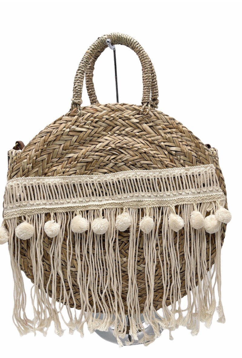 Mayorista By Oceane - Bolso redondo de paja decorado con pequeños pompones y detalles afilados