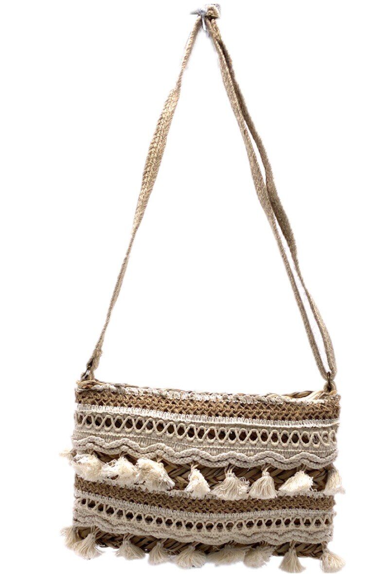 Wholesaler By Oceane - HANDMADE CROSSBODY BAG WITH LACE AND SMALL FRINGED POMPOMS