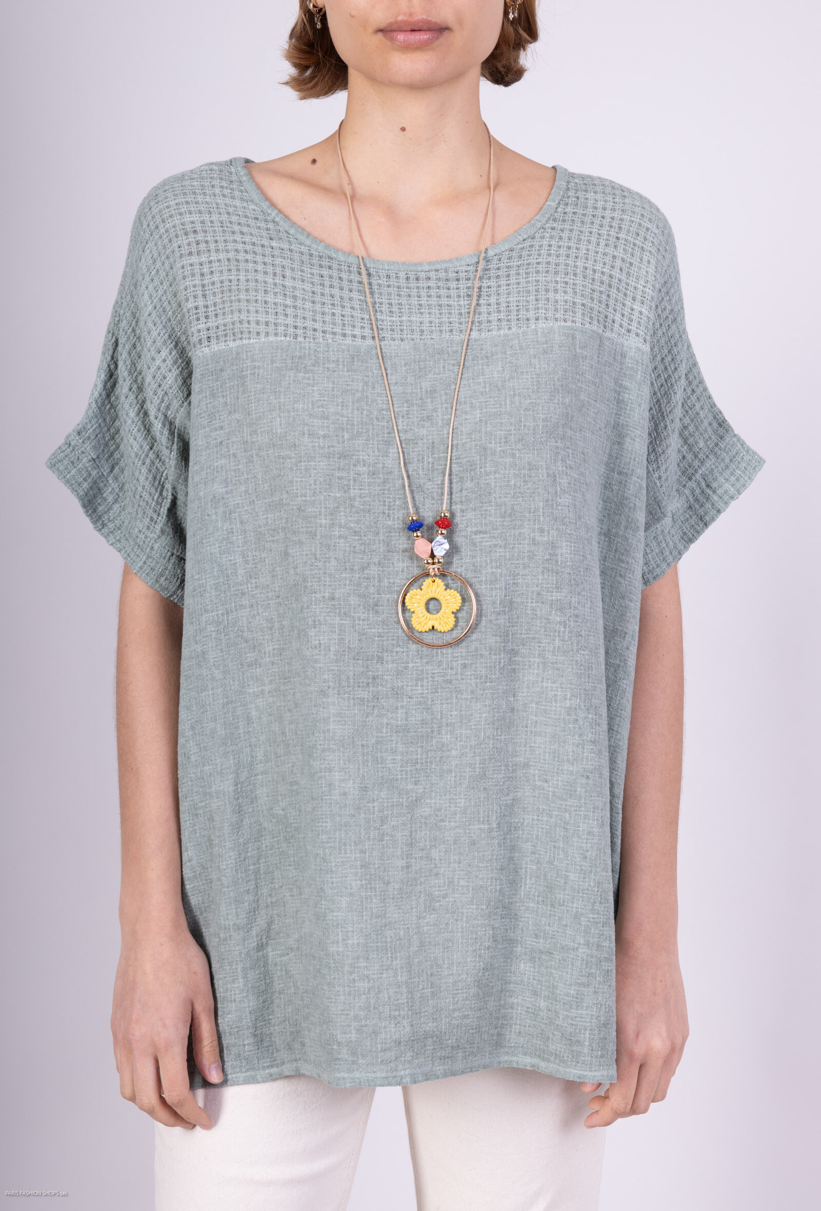 Grossiste C'Belle - Blouse manche courte avec collier en lin mélanger