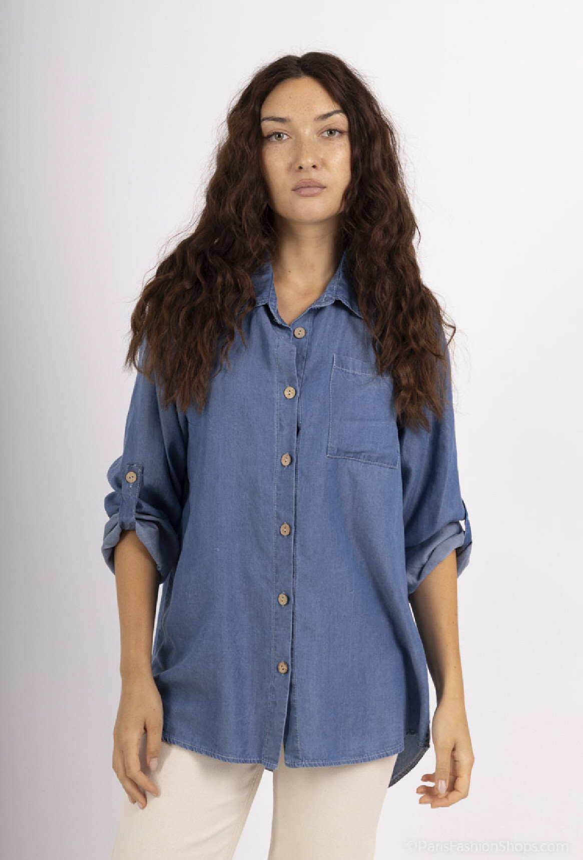 Mayorista C'Belle - Camisa lisa estampado jeans con un bolsillo delantero