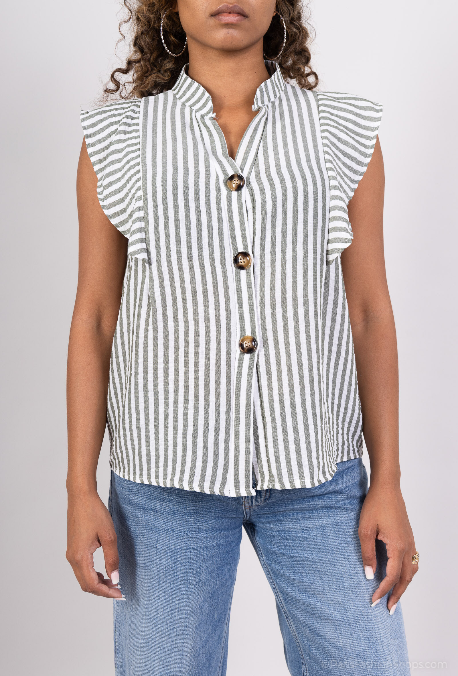 Grossiste C'Belle - Chemise sans manche à rayures avec 3 boutons à l'avant