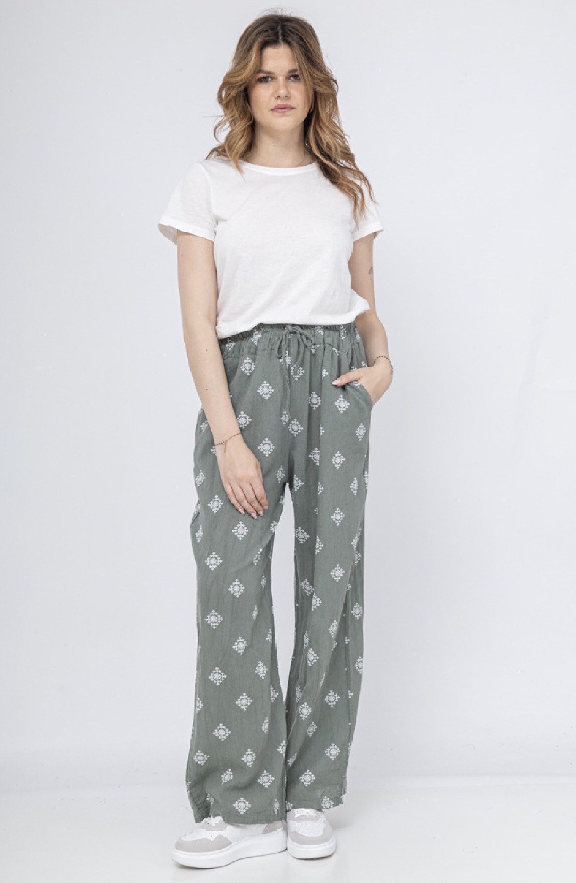 Grossiste C'Belle - Pantalon large imprimé en coton/lin mélangé