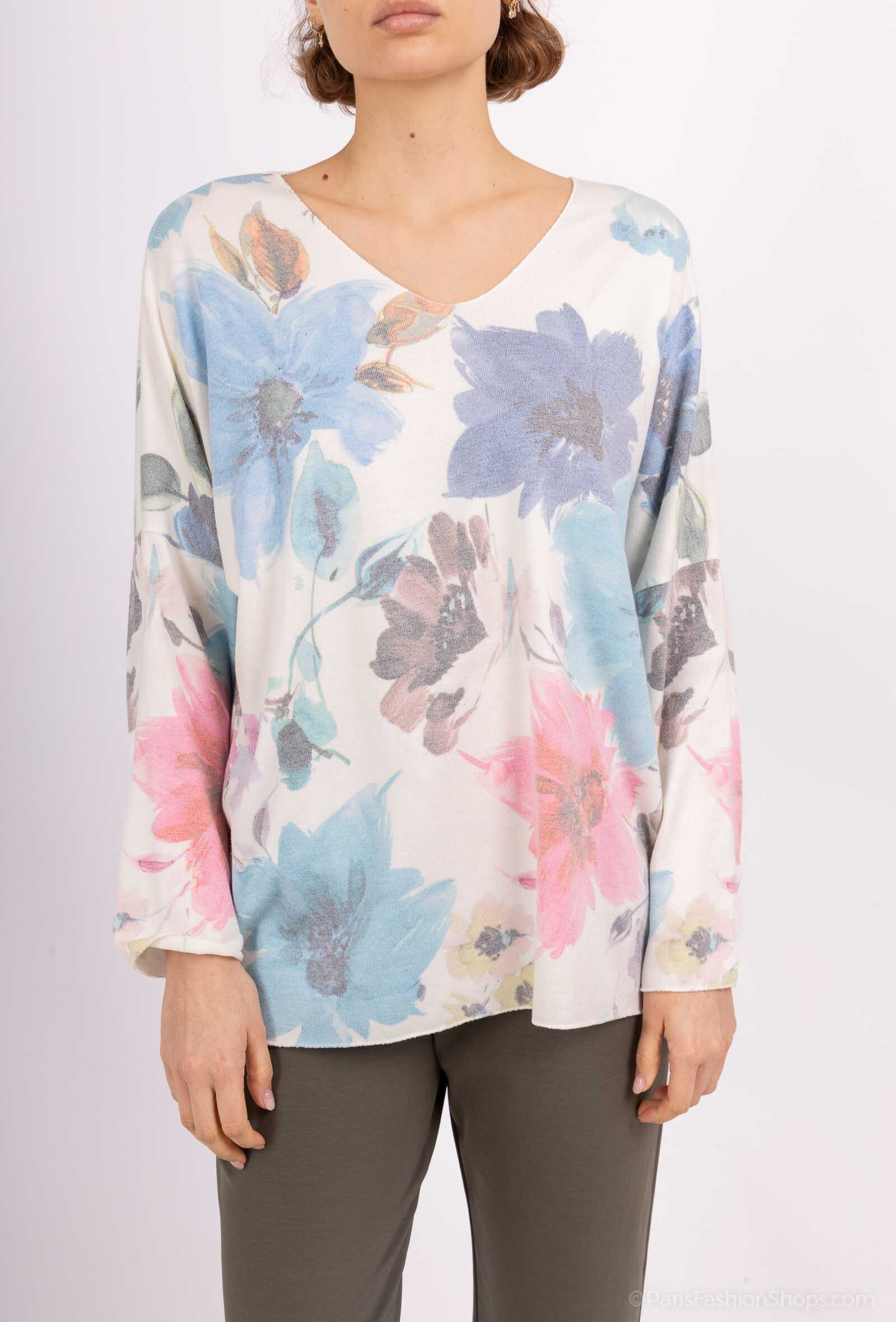 Grossiste C'Belle - PULL EN LAINE IMPRIME GRANDES FLEURS