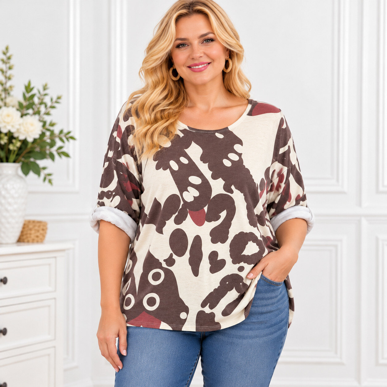 Großhändler C'Belle - BEDRUCKTER PULLOVER VORDERLÄNGE 66CM RÜCKENLÄNGE 70CM BRUSTUMFANG 58CM GRÖSSE 36/48